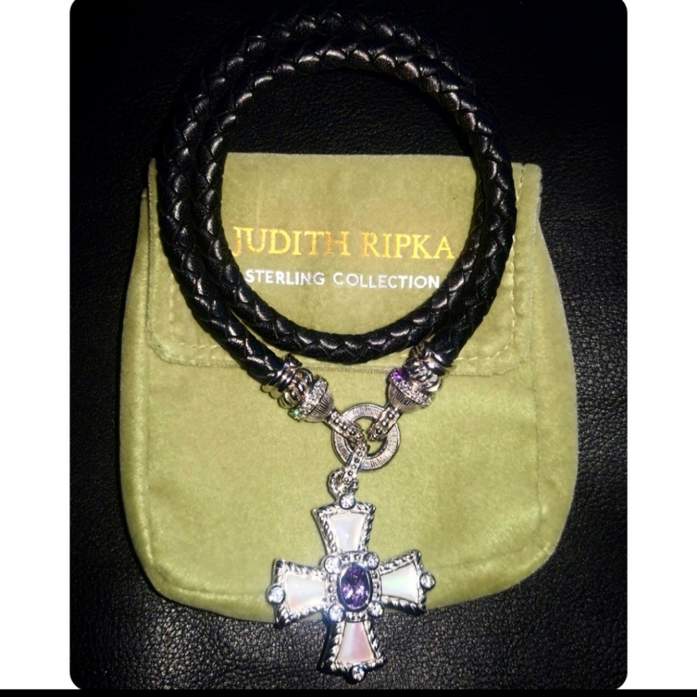 JUDITH RIPKA MOP Maltese cross magnet & leather choker necklace both original !